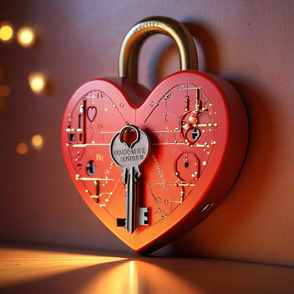 A mysterious key unlocking a heart-shaped lock, surrounded by graphs and charts representing relationship analytics. Soft glowing lights in the background give a romantic feel, while small icons of couples interacting with data hover around. Emphasize warmth and connection through subtle colors and soft textures. super-realistic. vibrant colors.