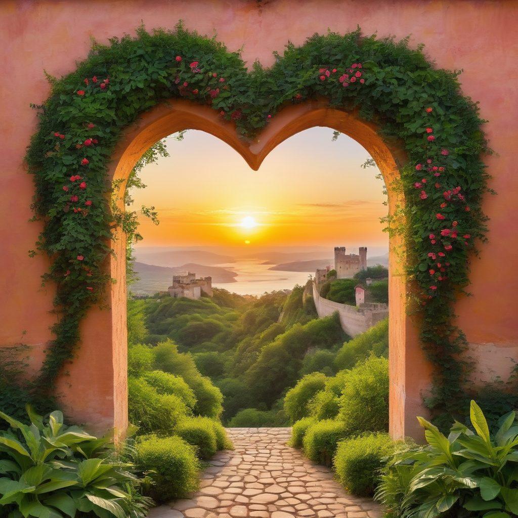 A sturdy, heart-shaped fortress surrounded by lush greenery, symbolizing love and protection. The walls are adorned with intricate designs that depict various relationship strategies, like communication and trust. A warm sunset sky casts a golden glow over the scene, adding a romantic ambiance. Couples of diverse backgrounds can be seen engaging in supportive activities around the fortress. soft painting. vibrant colors.