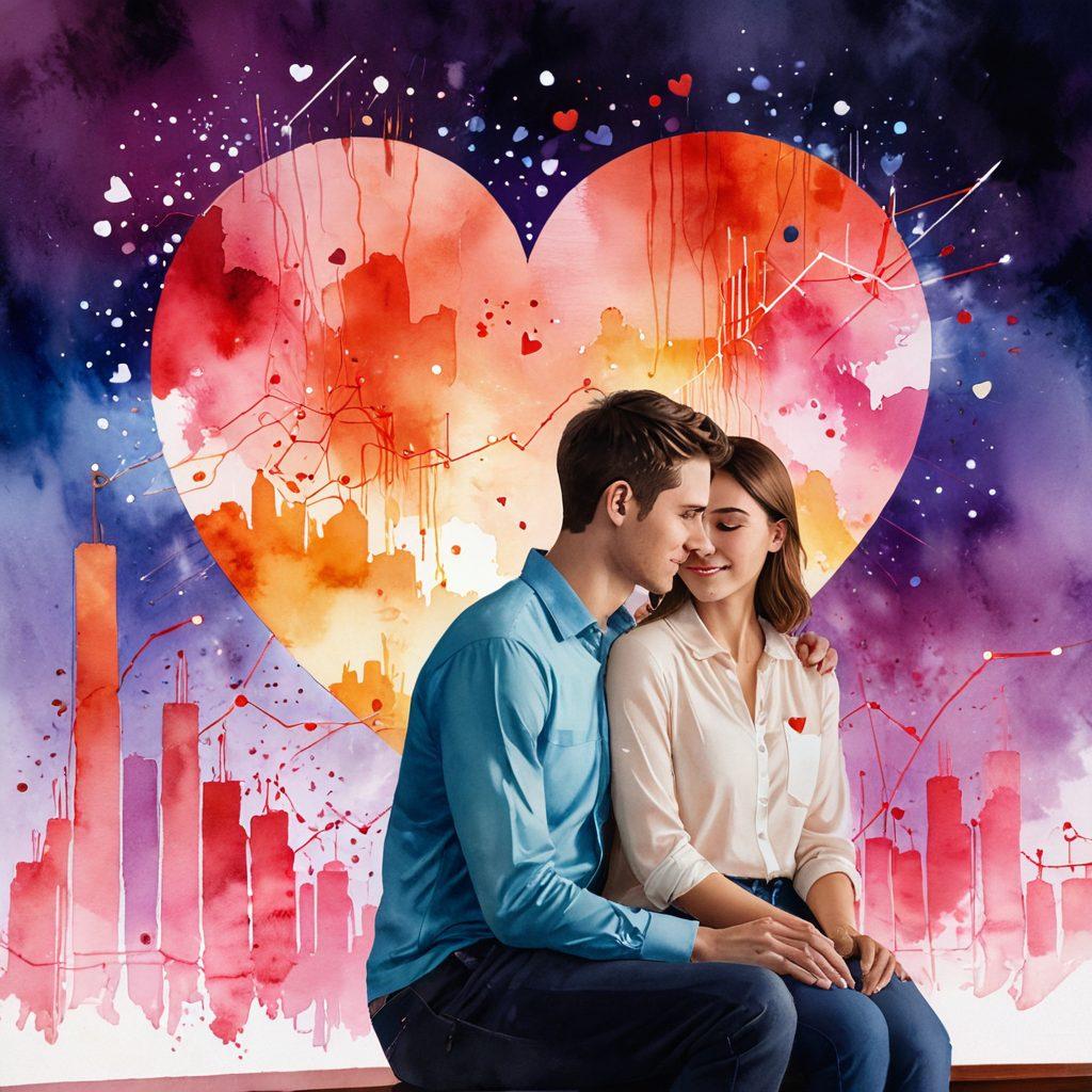 A couple sitting together, surrounded by colorful graphs and data analytics on a digital screen, showcasing their relationship metrics. Incorporate elements like heart symbols and soft glowing lights to symbolize affection and connection. The background should be warm and inviting, emphasizing love and intimacy while blending technology with romance. watercolor style. vibrant colors. warm background.